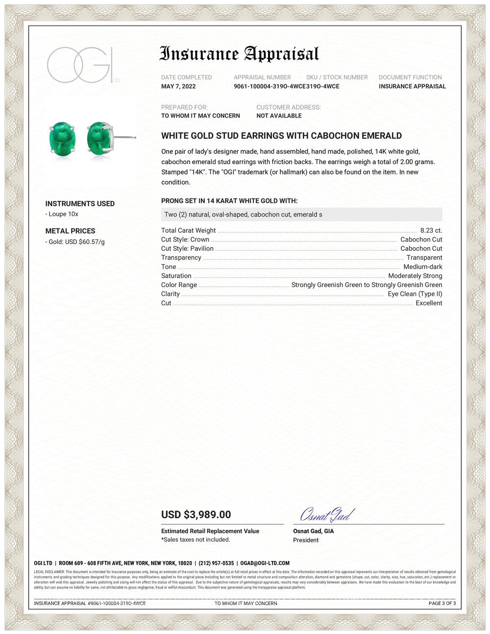 Fourteen karats white gold oval cabochon emerald prong set stud earrings 
Two oval cabochon emeralds weighing 8.23 carats
Emerald measuring 10x8 millimeter
Emerald hue tone color is forest green 
New Earrings
Handmade in the USA
The 14 karat gold