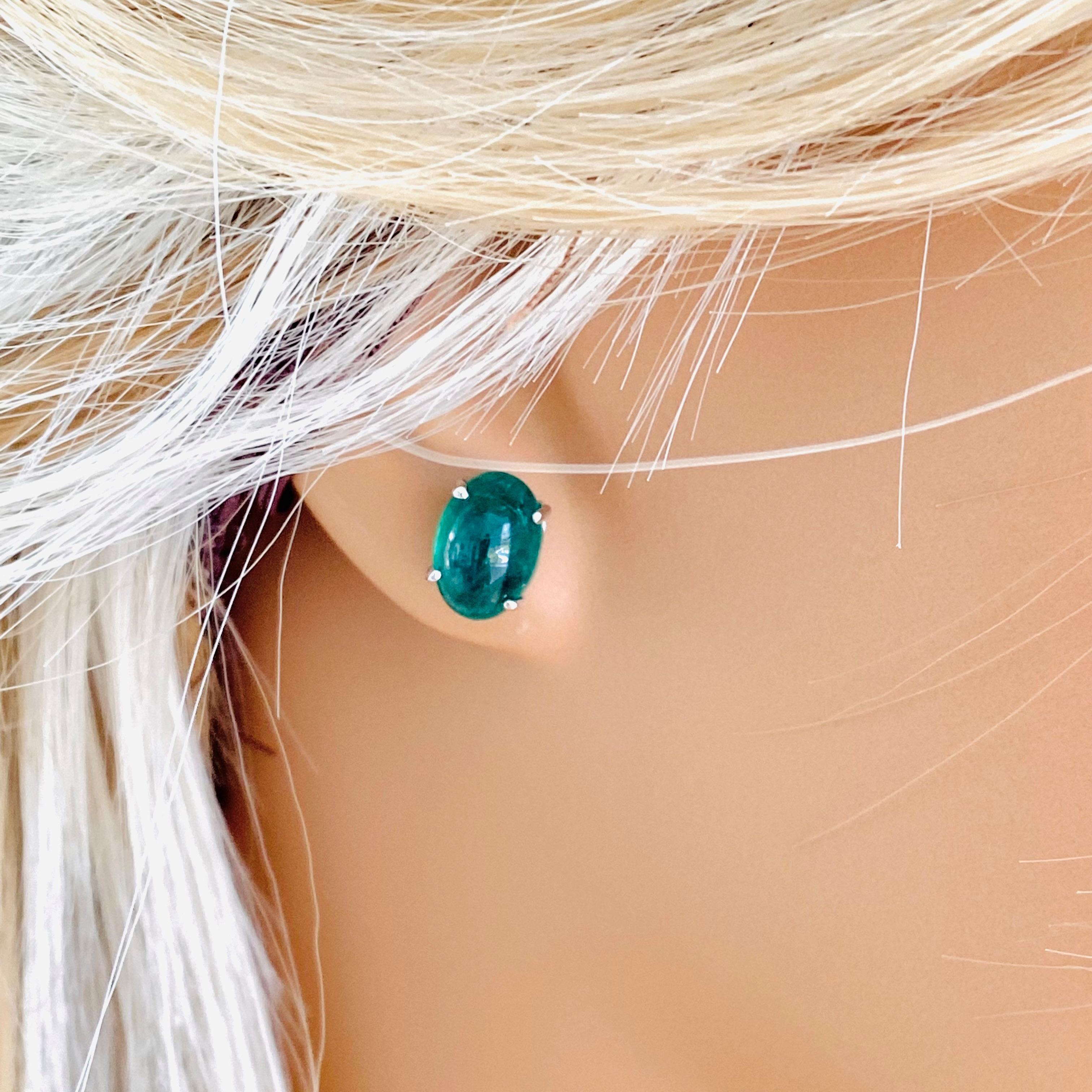 Oval Cut White Gold Stud Earrings with Cabochon Emerald
