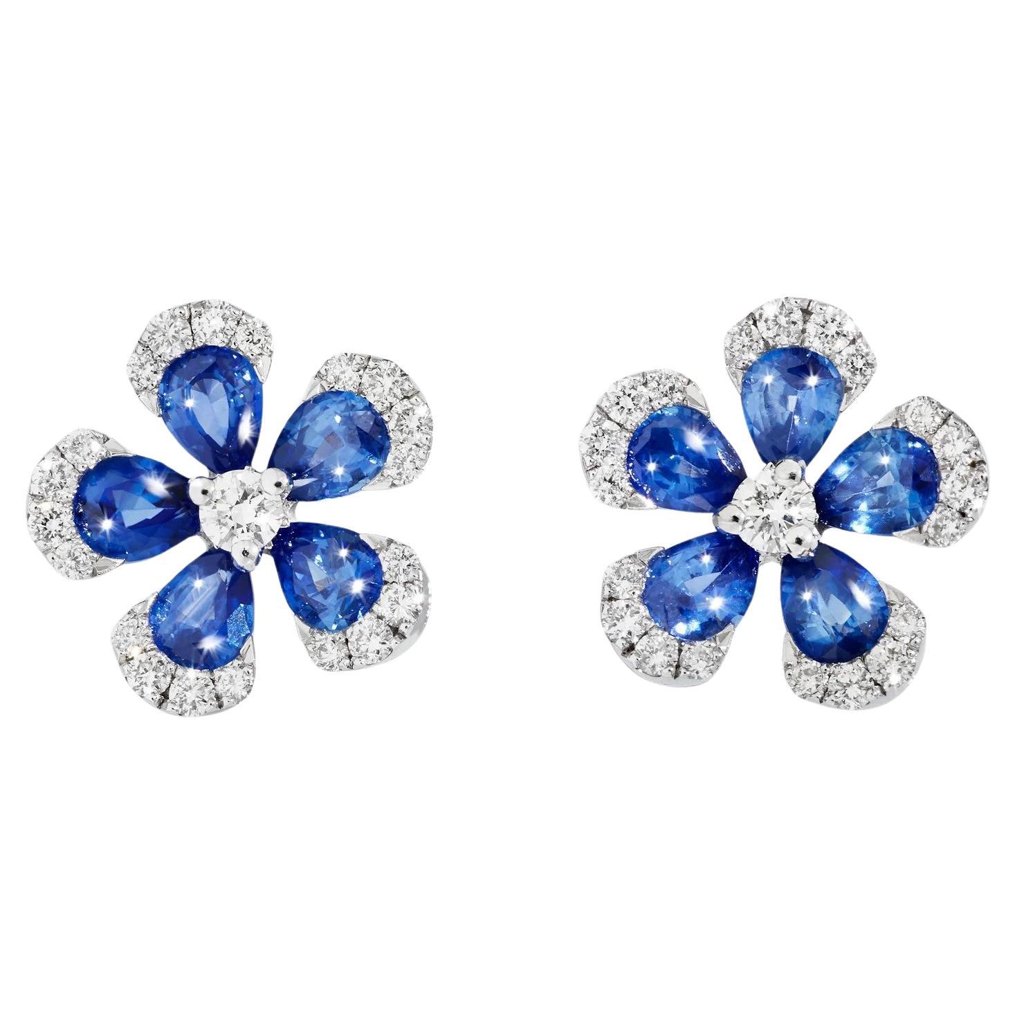 White Gold Stud Earrings with White Diamonds and Blue Sapphires