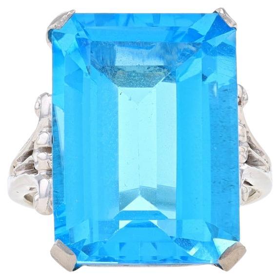 White Gold Swiss Blue Topaz Cocktail Solitaire Ring 14k & Pall. Emerald 12.60ct For Sale