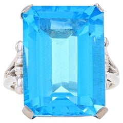 White Gold Swiss Blue Topaz Cocktail Solitaire Ring 14k & Pall. Emerald 12.60ct
