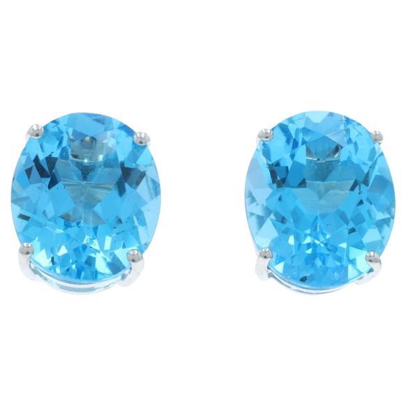Boucles d'oreilles or blanc Topaze bleue suisse - 14k Oval 12.00ctw Pierced en vente