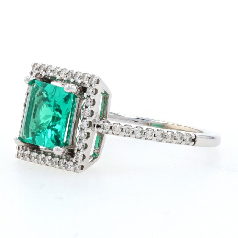 Square Cut White Gold Synthetic Emerald & Diamond Halo Ring, 14k Square 1.51ctw Engagement For Sale