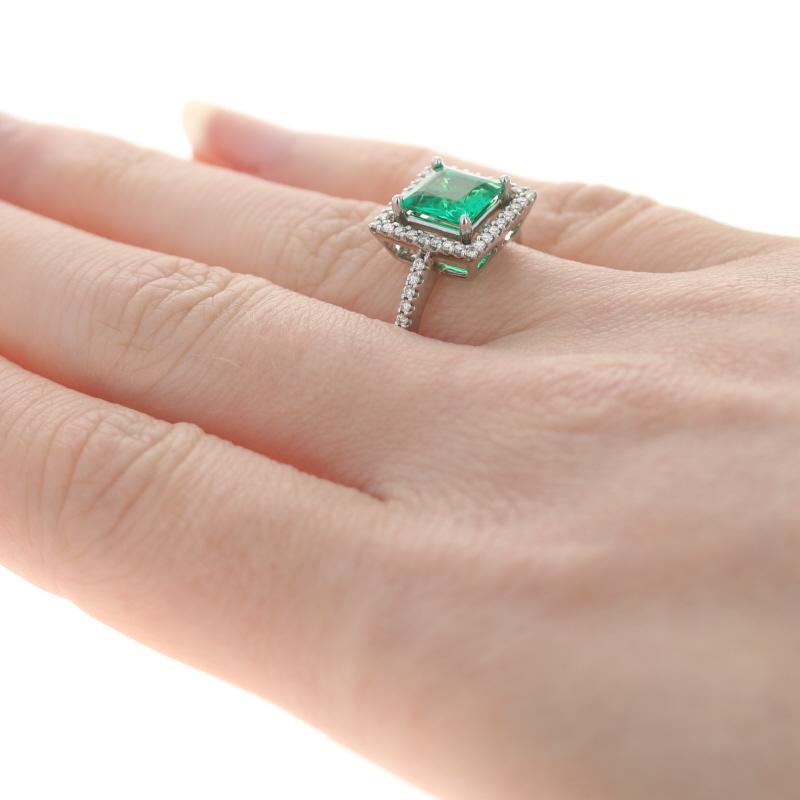 White Gold Synthetic Emerald & Diamond Halo Ring, 14k Square 1.51ctw Engagement In New Condition For Sale In Greensboro, NC