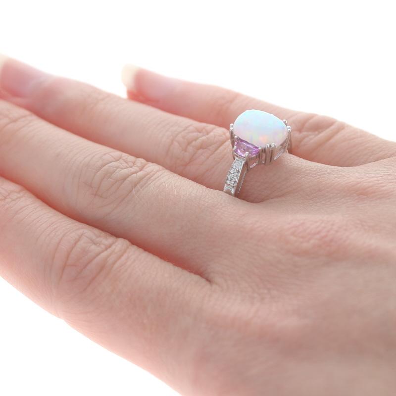 White Gold Synthetic Opal Synthetic Pink Sapphire Diamond Ring -14k Cush 1.97ctw In Excellent Condition For Sale In Greensboro, NC