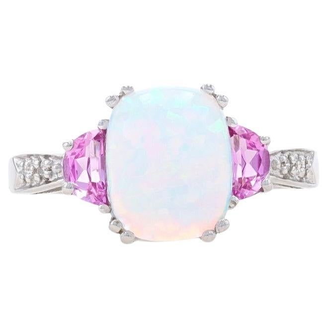 Bague en or blanc 14 carats avec opale synthétique, saphir rose synthétique et diamant 1,97 carat