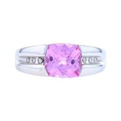 White Gold Synthetic Pink Sapphire Diamond Ring 10k Cushion 2.24ctw East-West