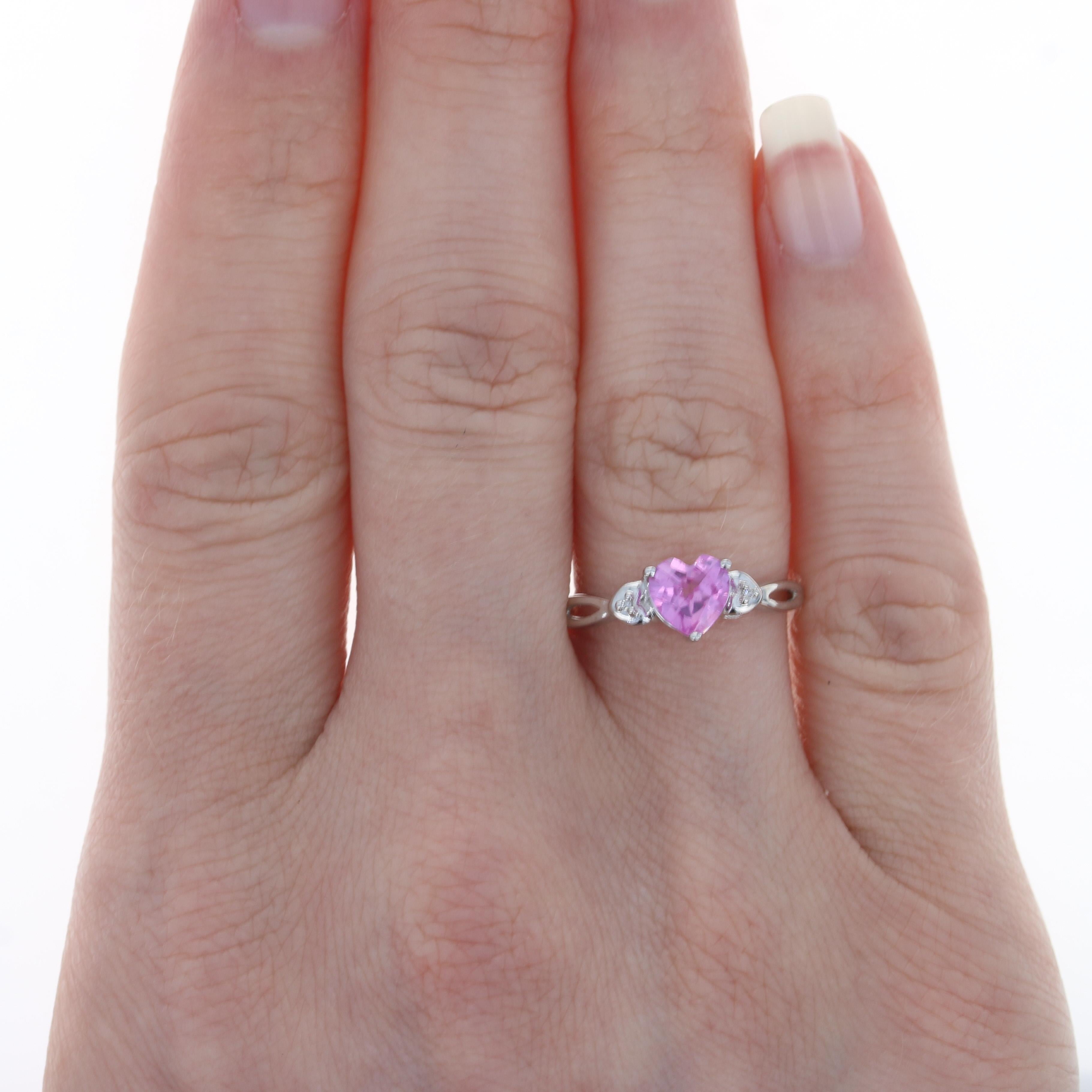 White Gold Synthetic Pink Sapphire & Diamond Ring, 10k Heart Cut 1.00ct 2
