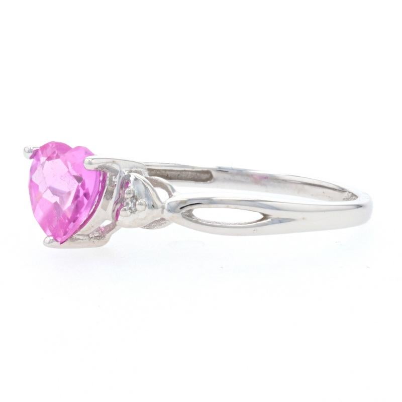 White Gold Synthetic Pink Sapphire & Diamond Ring, 10k Heart Cut 1.00ct 3