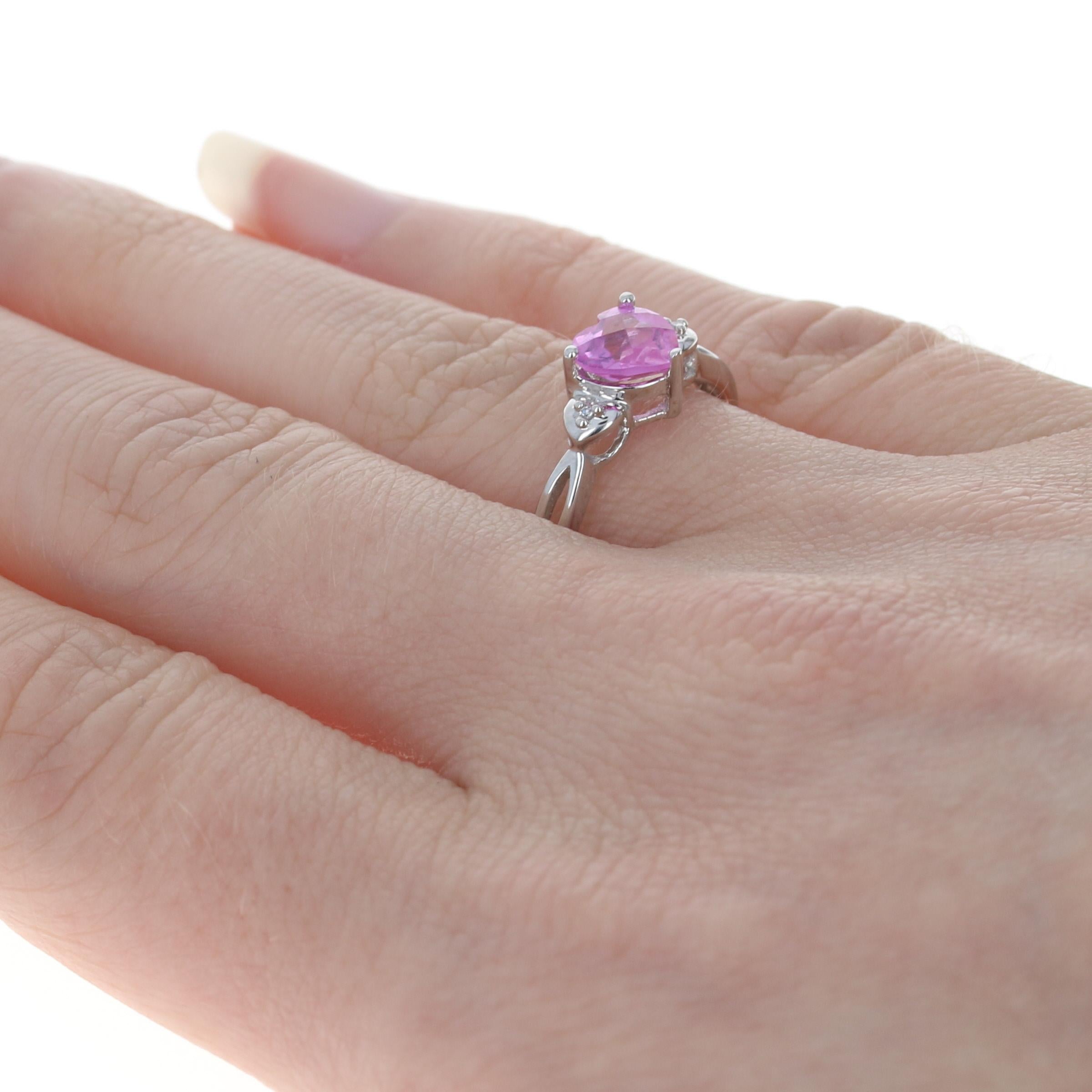 White Gold Synthetic Pink Sapphire & Diamond Ring, 10k Heart Cut 1.00ct 4