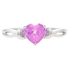 White Gold Synthetic Pink Sapphire & Diamond Ring, 10k Heart Cut 1.00ct