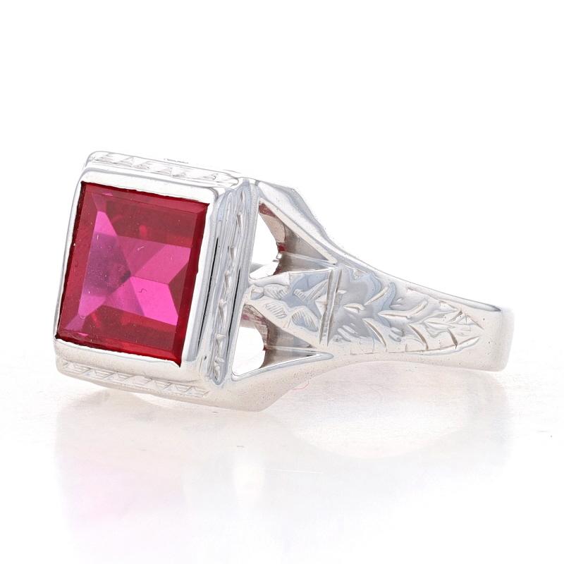 Square Cut White Gold Synthetic Ruby Art Deco Men's Ring - 14k Rect Step Vintage Solitaire For Sale