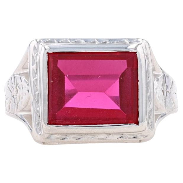White Gold Synthetic Ruby Art Deco Men's Ring - 14k Rect Step Vintage Solitaire For Sale