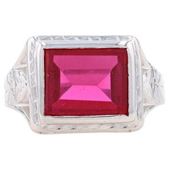White Gold Synthetic Ruby Art Deco Men's Ring - 14k Rect Step Vintage Solitaire
