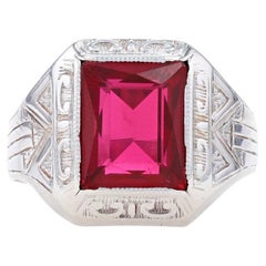 White Gold Synthetic Ruby Art Deco Men's Ring - 14k Rectangle Antique Solitaire