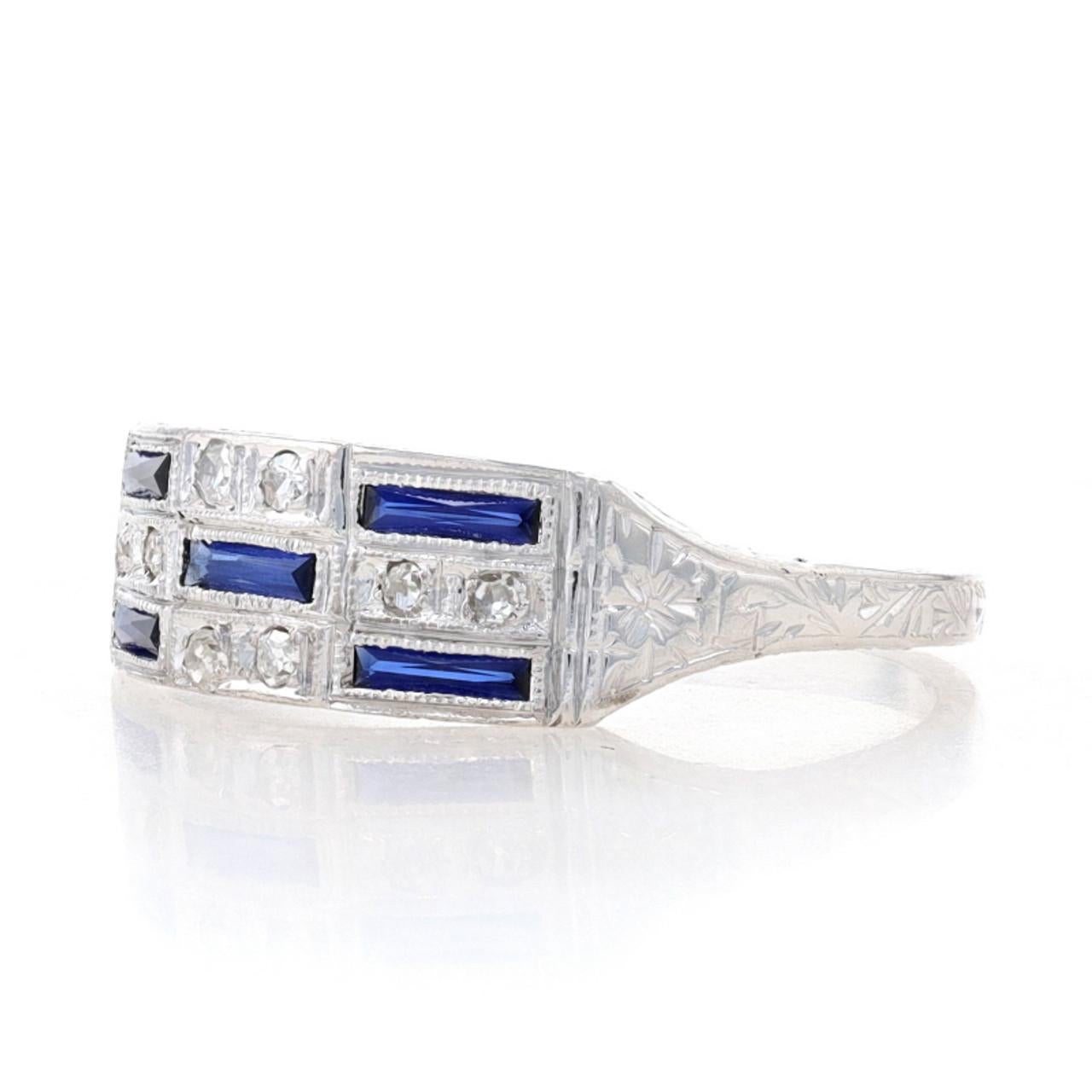 French Cut White Gold Synthetic Sapphire & Diamond Art Deco Band 18k Vintage Ring For Sale