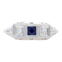 White Gold Synthetic Sapphire 
Diamond Art Deco Ring 14k .28ctw Square Vintage