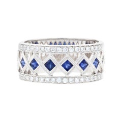 White Gold Synthetic Sapphire & Diamond Band Ring, 14k Princess Brilliant .53ctw
