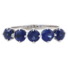 Vintage White Gold Synthetic Sapphire Five-Stone Band, 14k Round 1.50ctw Wedding Ring