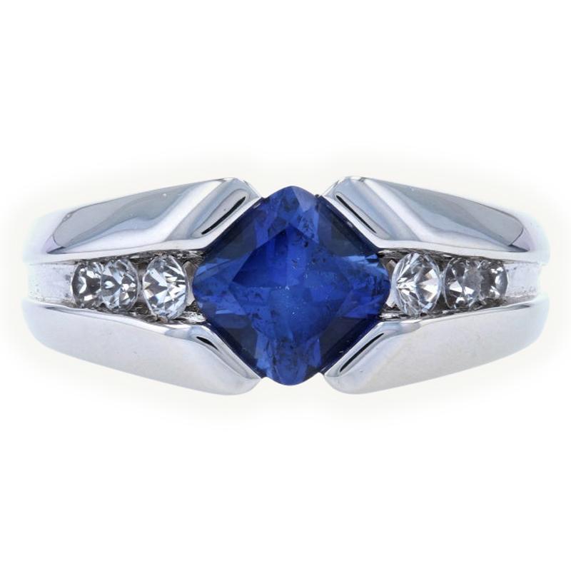 White Gold Synthetic Sapphire Men's Ring, 10k Cushion Cut 2.20ctw