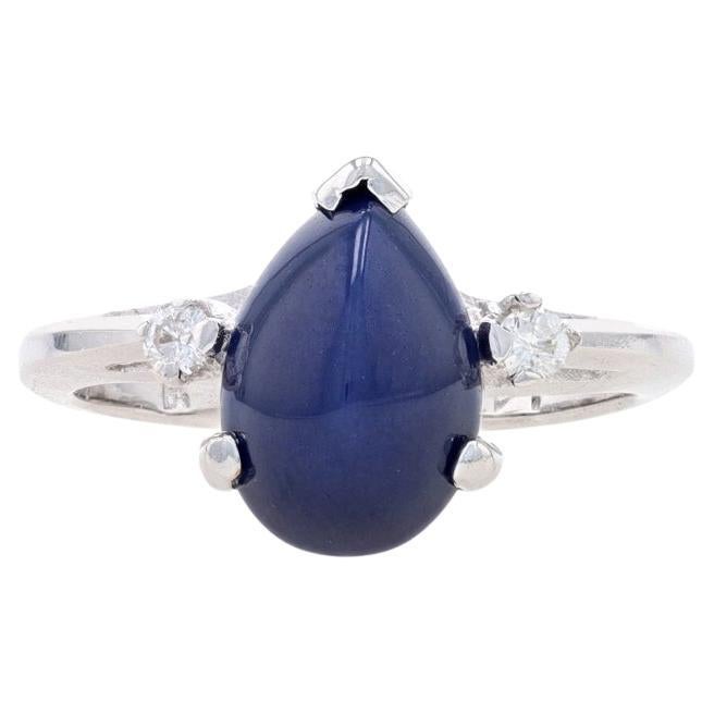 White Gold Synthetic Star Sapphire & Diamond Ring - 14k Pear Cabochon 3.05ctw For Sale
