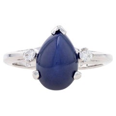 White Gold Synthetic Star Sapphire & Diamond Ring - 14k Pear Cabochon 3.05ctw