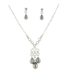 Tahitian Pearl Diamond White Gold Necklace and Earrings Set