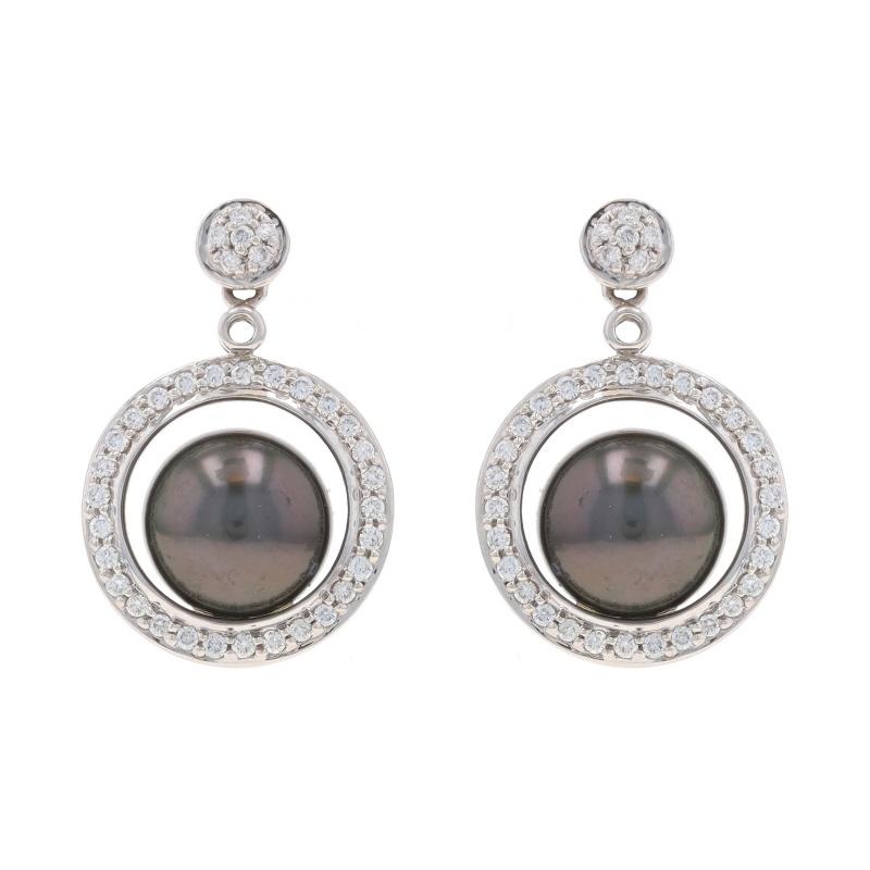 Metal Content: 14k White Gold

Stone Information
Tahitian Pearls
Size: 8.5mm & 8.6mm

Natural Diamonds
Carat(s): .36ctw
Cut: Round Brilliant
Color: G - H
Clarity: VS1 - VS2

Total Carats: .36ctw

Style: Dangle
Fastening Type: Butterfly