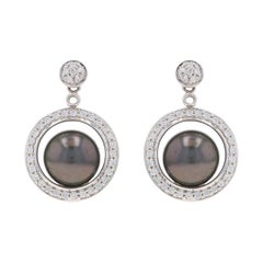 White Gold Tahitian Pearl & Diamond Circle Dangle Earrings - 14k .36ctw Pierced