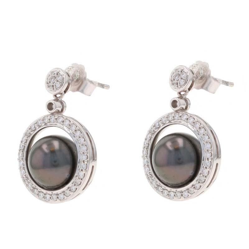 Round Cut White Gold Tahitian Pearl & Diamond Circle Dangle Earrings - 14k .36ctw Pierced For Sale
