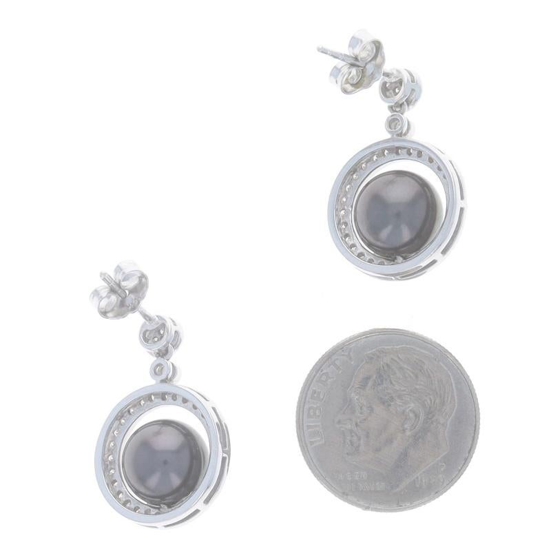 White Gold Tahitian Pearl & Diamond Circle Dangle Earrings - 14k .36ctw Pierced In Excellent Condition For Sale In Greensboro, NC