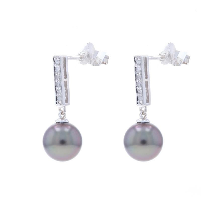 Metal Content: 14k White Gold

Stone Information
Tahitian Pearls

Natural Diamonds
Carat(s): .10ctw
Cut: Round Brilliant
Color: H - I
Clarity: I2 - I3

Total Carats: .10ctw

Style: Dangle
Fastening Type: Butterfly Closures

Measurements
Tall: 7/8