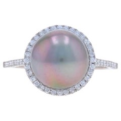 Anillo Halo de Diamantes y Perlas de Tahití de Oro Blanco - 14k .35ctw Catedral