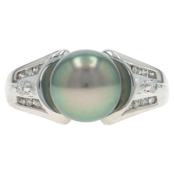 Anello con diamante e perla di Tahiti in oro bianco - 14k .18ctw