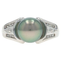 Anello con diamante e perla di Tahiti in oro bianco - 14k .18ctw