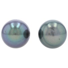 White Gold Tahitian Pearl Stud Earrings, 18 Karat Pierced