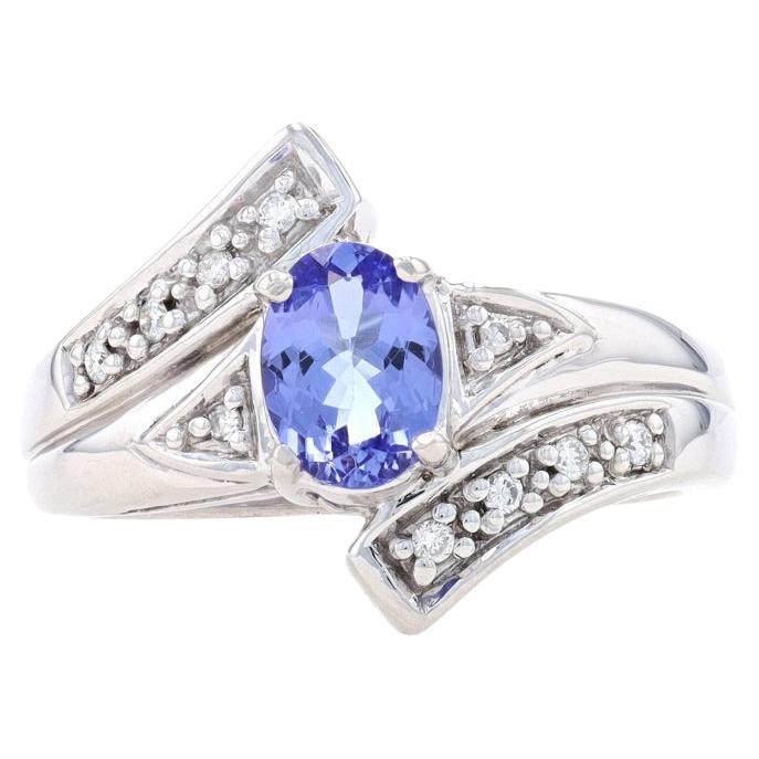 White Gold Tanzanite & Diamond Bypass Ring - 18k Oval .90ctw For Sale
