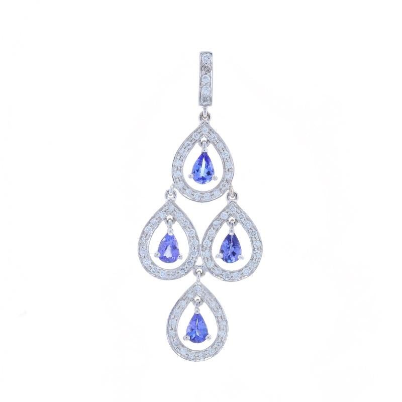 Metal Content: 18k White Gold

Stone Information

Natural Tanzanites
Treatment: Routinely Enhanced
Carat(s): 3.10ctw
Cut: Pear
Color: Purple

Natural Diamonds
Carat(s): 1.56ctw
Cut: Round Brilliant
Color: G - H
Clarity: VS2 - SI1

Total Carats: