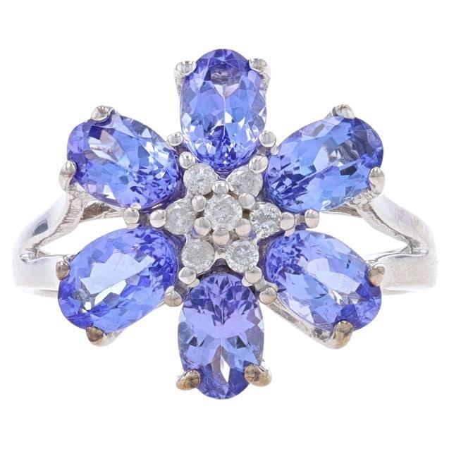 White Gold Tanzanite & Diamond Cluster Halo Ring -14k Oval 2.47ctw Flower Size 7 For Sale
