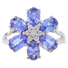 Bague Halo en or blanc Tanzanite et diamant -14k Oval 2.47ctw Flower Taille 7