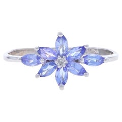 White Gold Tanzanite Diamond Cluster Ring - 10k Marquise .48ctw Flower