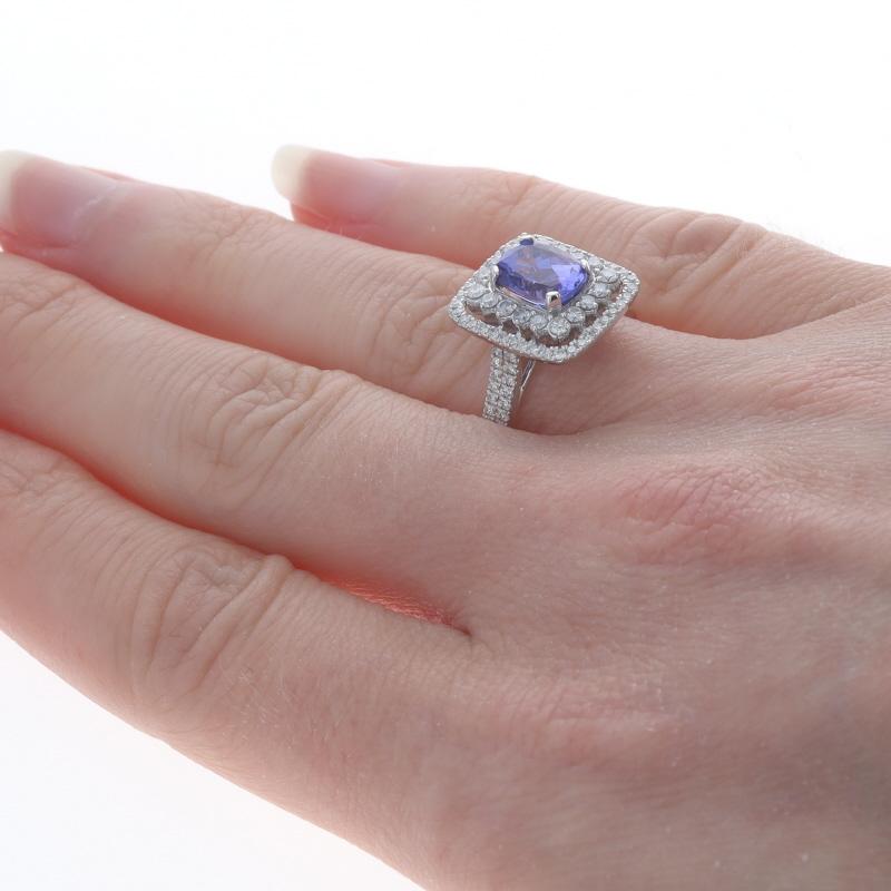 White Gold Tanzanite & Diamond Double Halo Ring - 18k Cushion 2.53ctw Engagement In New Condition For Sale In Greensboro, NC