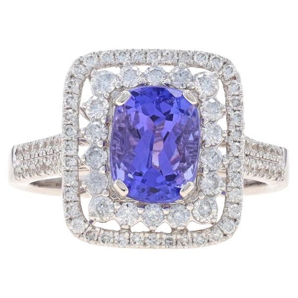 White Gold Tanzanite & Diamond Double Halo Ring - 18k Cushion 2.53ctw Engagement For Sale