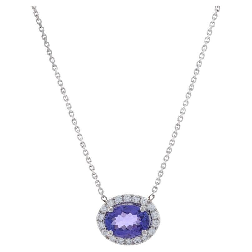 White Gold Tanzanite & Diamond East-West Halo Necklace -14k Oval 1.42ctw Adjust For Sale