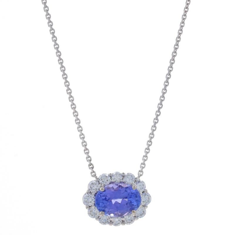 White Gold Tanzanite & Diamond East-West Halo Necklace - 14k Oval 2.41ctw Adjust In New Condition For Sale In Greensboro, NC