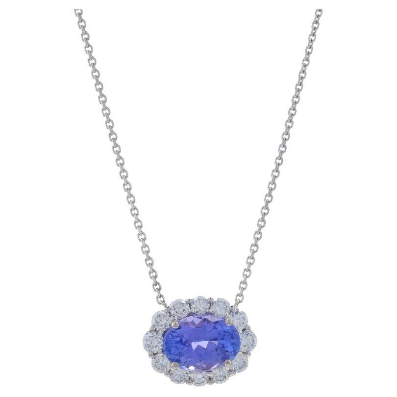 White Gold Tanzanite & Diamond East-West Halo Necklace - 14k Oval 2.41ctw Adjust For Sale