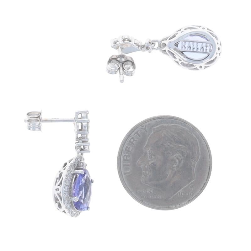 Boucles d'oreilles pendantes en or blanc Tanzanite Diamant Halo - 14k Oval 3.20ctw Excellent état - En vente à Greensboro, NC