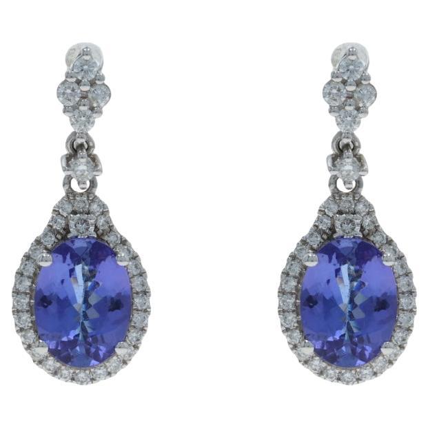 White Gold Tanzanite Diamond Halo Dangle Earrings - 14k Oval 3.20ctw