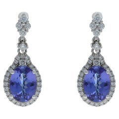 White Gold Tanzanite Diamond Halo Dangle Earrings - 14k Oval 3.20ctw