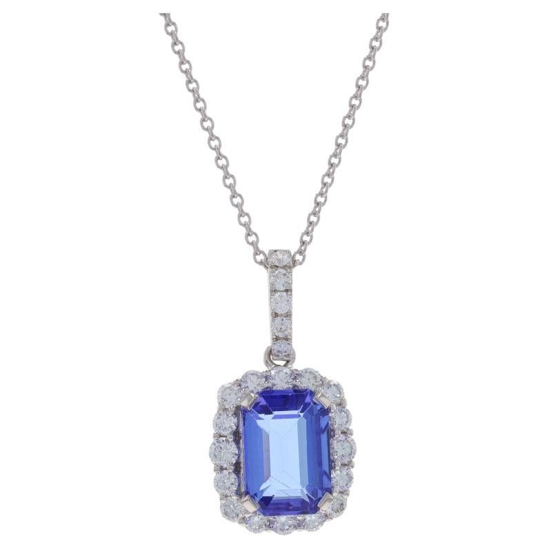 White Gold Tanzanite & Diamond Halo Necklace 18" - 18k & 950 Platinum 3.30ctw For Sale